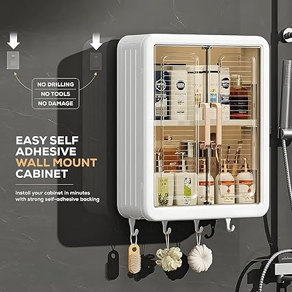 White wall-mounted cabinet with cosmetic products