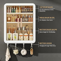 Wall Mounted Self‑Adhesive Multipurpose Storage Cabinet – No‑Drill Bathroom & Kitchen Organizer with Hooks & Doors, Space‑Saving Plastic Shelf