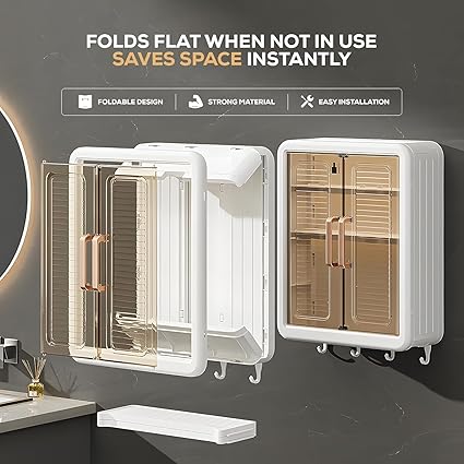 White wall-mounted cabinet with cosmetic products