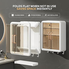 White wall-mounted cabinet with cosmetic products