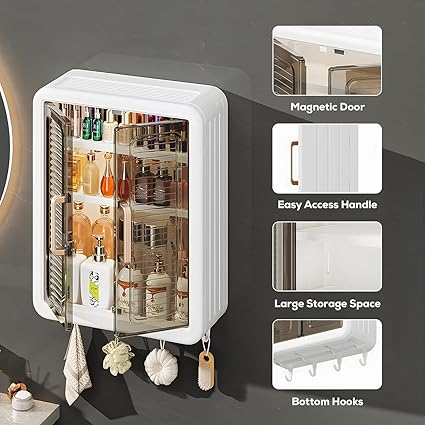 White wall-mounted cabinet with cosmetic products
