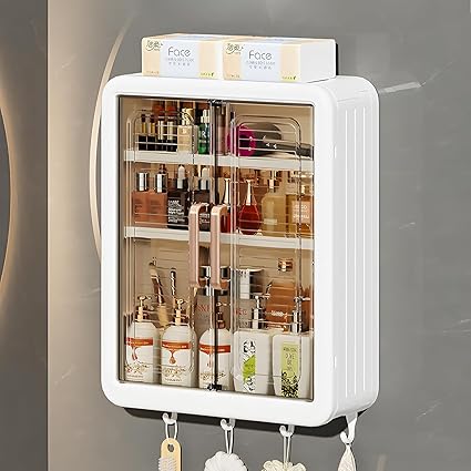 White wall-mounted cabinet with cosmetic products