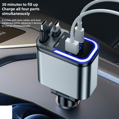 120W Retractable Car Charger – Dual Type-C Cables, USB-A Port & Ambient Light