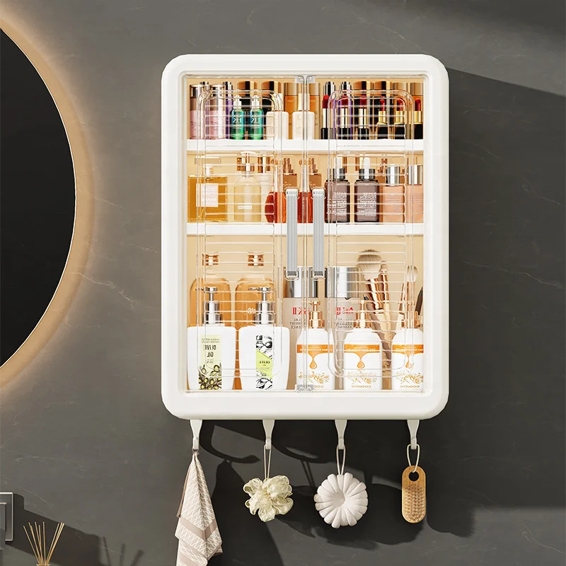 White wall-mounted cabinet with cosmetic products