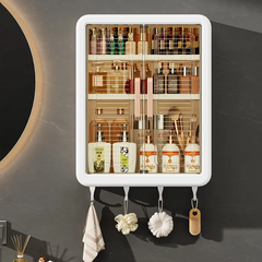 White wall-mounted cabinet with cosmetic products