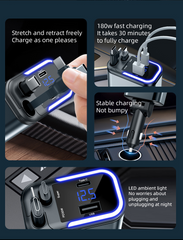 120W Retractable Car Charger – Dual Type-C Cables, USB-A Port & Ambient Light